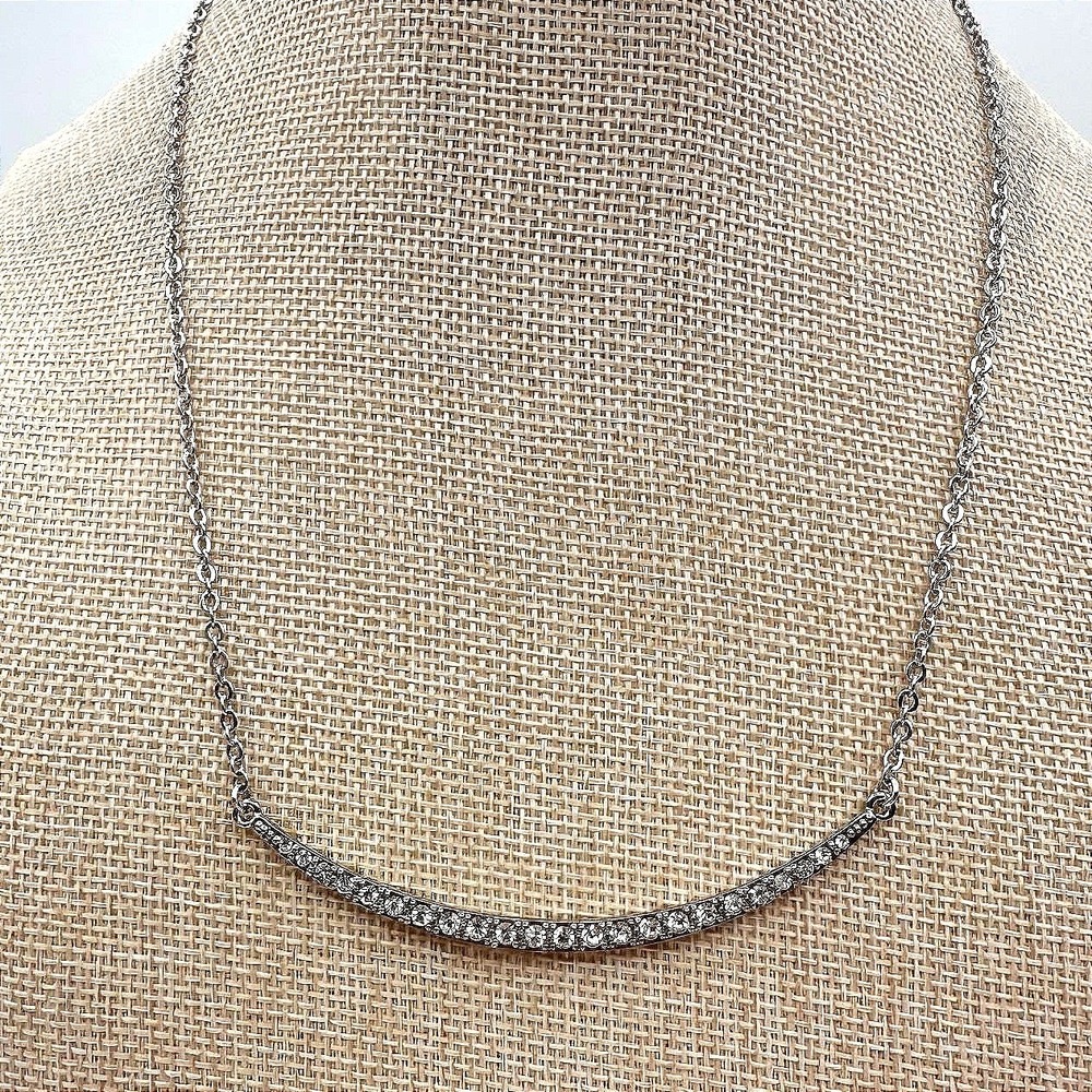 Vintage 90s Silver Tone Curved Bar Necklace‎ Clear Glass Women's Fashion Jewelry